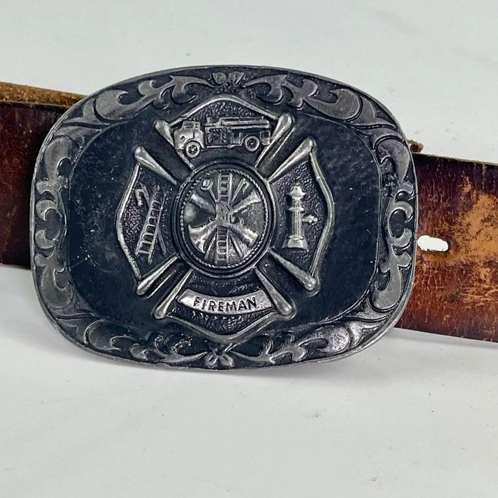vtg Tiffany Studio NY Fireman Belt Buckle Full Grain Steerhide‎ Leather Belt 36